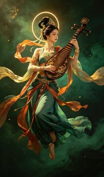 Dark dream mythological flying apsaras fairy, reverse pipa dance in air, green tone warm side light refined texture avantgarde artistic commercial illustration