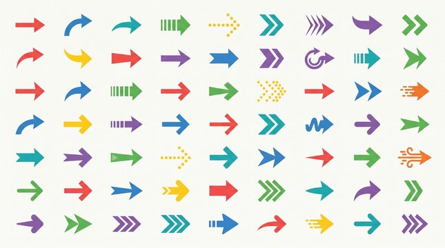 A colorful vector icon set featuring an assortment of directional arrows arranged in a structured grid on a light background. The collection includes curved arrows, straight arrows, striped arrows, an