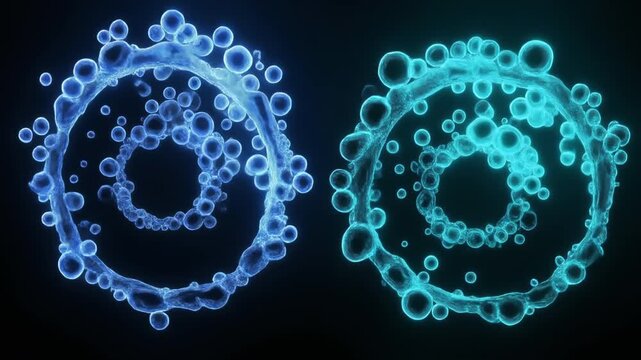 Abstract Glowing Neon Blue Liquid Bubble Rings on Dark Background