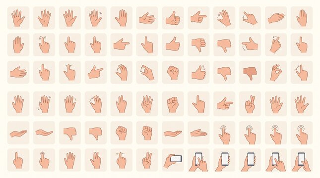 A comprehensive vector illustration set featuring various human hand gestures displayed in an organized grid layout on a light background. The collection includes open palms, waving hands, pointing fi