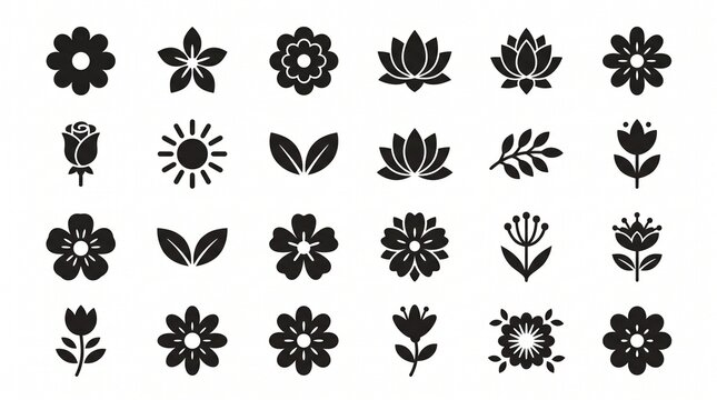 A delightful collection of minimalist floral icons arranged in a clean grid layout, featuring a variety of stylized flower designs in solid black silhouettes on a light background. The set includes bl