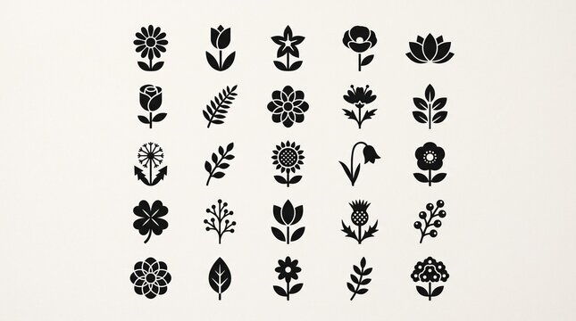 A delightful collection of minimalist floral icons arranged in a clean grid layout, featuring a variety of stylized flower designs in solid black silhouettes on a light background. The set includes bl