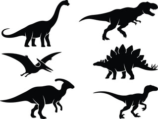 Collection of various prehistoric dinosaur species depicted in a minimalist black and white graphic silhouette © MstShilpy