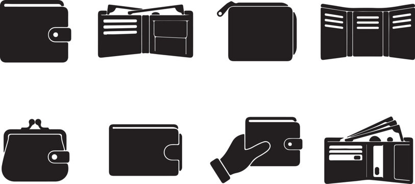Black wallet and purse vector icons set