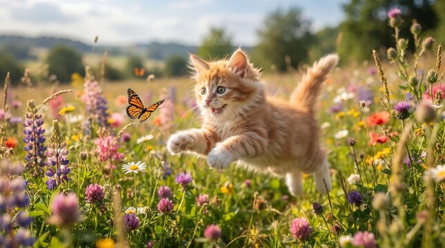 Playful orange kitten pouncing after a butterfly in a flower field