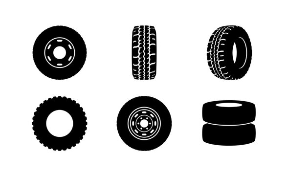 Set of Six Black Vector Tires, Car Wheels, Rubber Treads, Vehicle Parts, Automotive Icons, Transport Elements