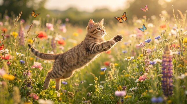 Playful tabby kitten jumping to catch butterflies in flower meadow