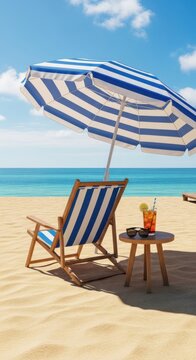 beach vacation under striped umbrella with lounge chair and tropical drink