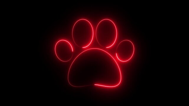 Neon red glowing paw print animation on black background, for pet care, and animal branding