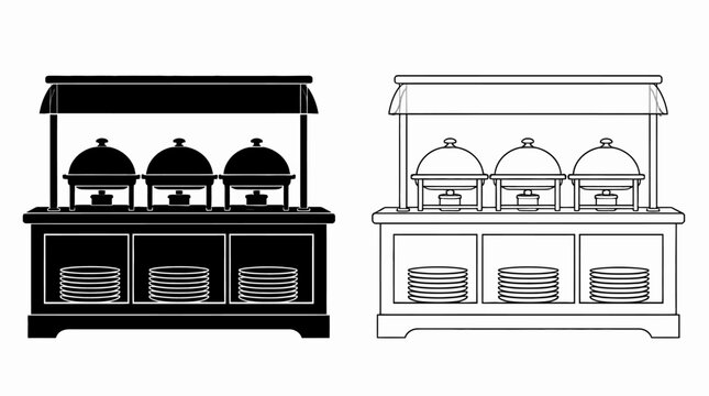 Buffet food service station with chafing dishes and plate stacks