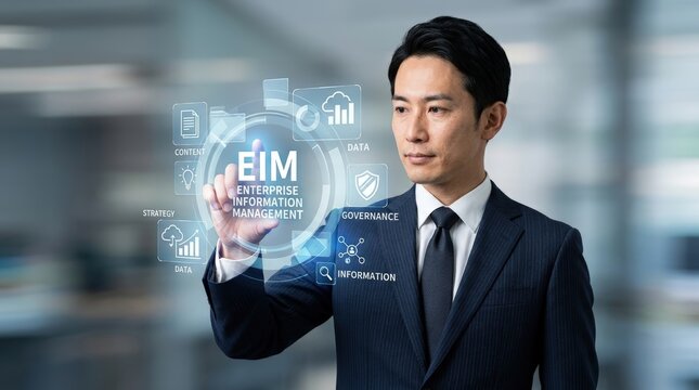Asian businessman interacting with a futuristic digital interface displaying EIM data.