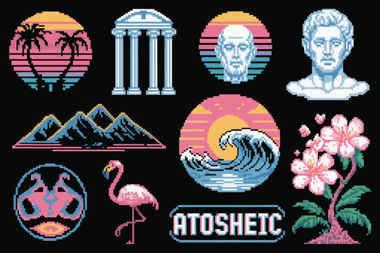Synthwave pixel collection featuring tropical sunsets classical columns statue heads mountains flamingo and cherry blossom tree on black background