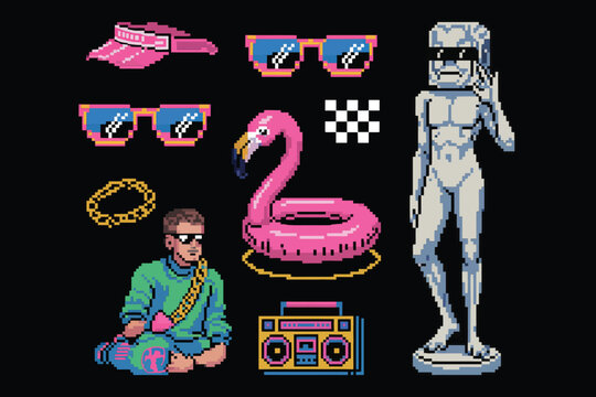 Retro 80s synthwave pixel collection featuring flamingo float sunglasses boombox statue and stylish man on a solid black background