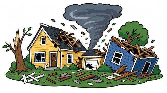 Cartoon illustration of a damaged fence near a house and tree, symbolizing natural disaster aftermath