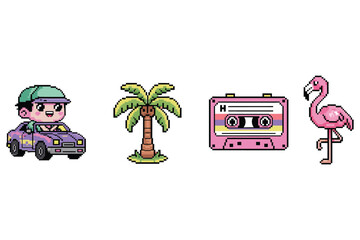 Retro synthwave pixel collection featuring a boy in a car palm tree cassette tape and flamingo on a clean white background