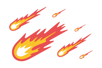 Cartoon style of multiple falling meteorites with bright orange and yellow flames trailing behind them on a clean white background © AR