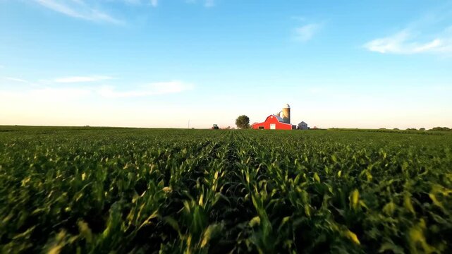 Corn farmland and distant farmhouse landscape, green farmland and red valley