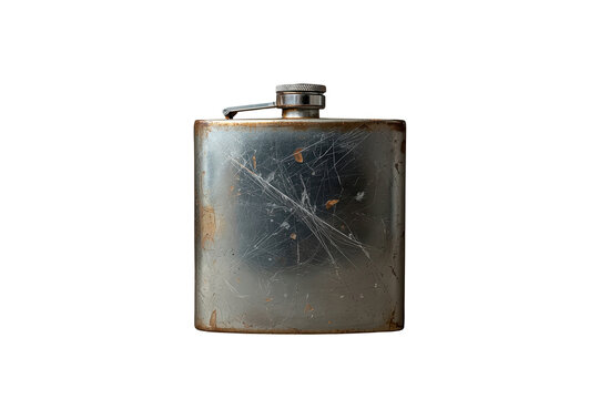 Scratched old steel pocket flask isolated on transparent background