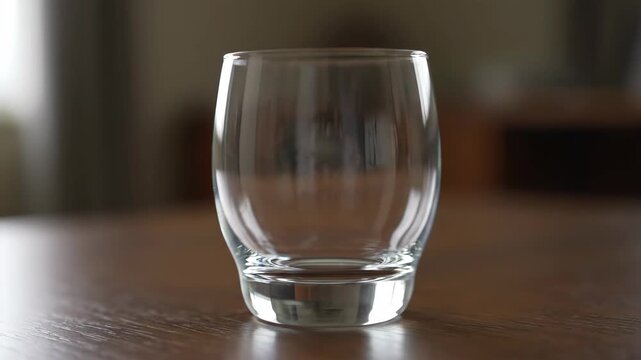 Transparent glass on wooden table, transparent glass close up mirror