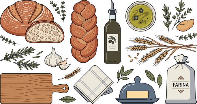 Artisan bread baking ingredients set with sourdough challah olive oil herbs and wheat for Mediterranean kitchen