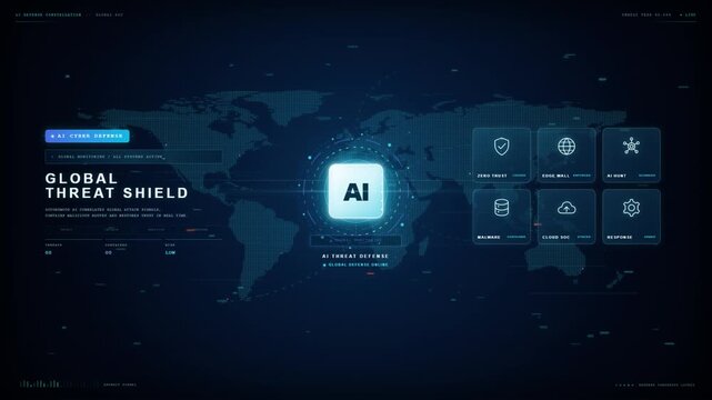 Global AI threat shield cyber defense concept with world map and red network attack vectors