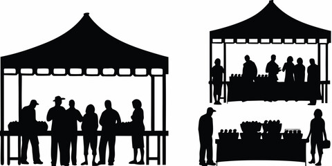 market scene silhouettes on white background black people stalls tent fair event outdoor © Sourav
