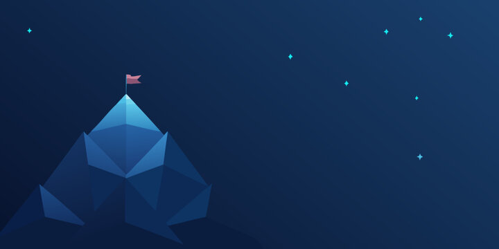 mountain peak with flag low poly vector art on dark blue background low poly