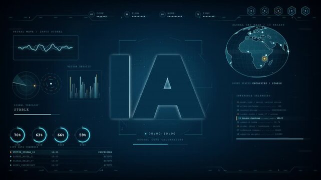 AI text rotating in three dimensional glass style with holographic globe and technology HUD