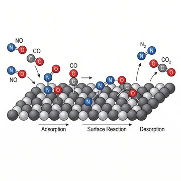 Catalytic Reduction of Nitrogen Oxide and Carbon Monoxide on a Solid Metal Catalyst Surface