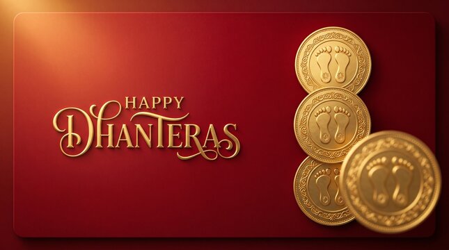 Elegant Happy Dhanteras Greeting with Golden Lakshmi Footprint Coins on Rich Red Background for Festival Branding Promotion Design