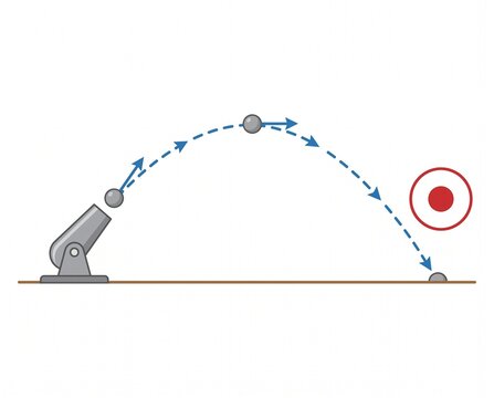 Diagram illustrating the parabolic trajectory and projectile motion of a cannonball fired from a cannon towards a target, demonstrating basic physics principles