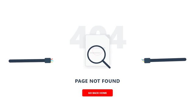 Animated 404 Page Not Found Error Illustration with Magnifying Glass, Broken Cable, and Go Back Home Button