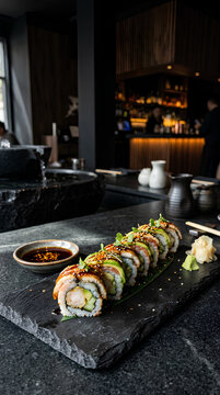 Fresh Sushi Roll Placed on Black Slate Plate in Modern Restaurant Setting.