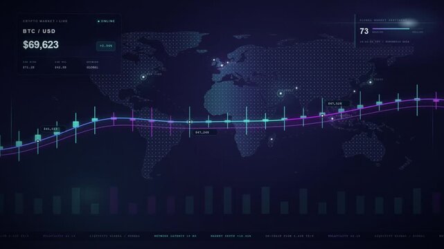 Bitcoin cryptocurrency price chart with candlesticks and glowing moving average line on world map