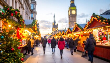 Obraz premium Festive Christmas market scene with decorated wooden stalls and people walking during the holiday season in a historic city center location.