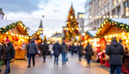 Obraz premium A festive blurred view of a traditional European Christmas market scene with a glowing holiday tree and wooden stalls filled with warm lights.