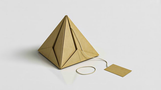 Gold pyramid gift box with tag isolated on white background
