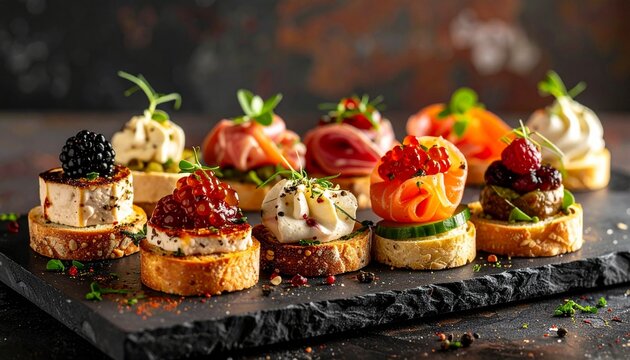 Delicious assortment of gourmet bruschetta and canapes served on a rustic stone board perfect for elegant appetizers and catering events.