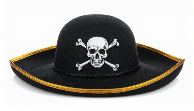 A classic black felt pirate hat featuring a prominent white skull and crossbones emblem isolated on a clean white studio background for fun.