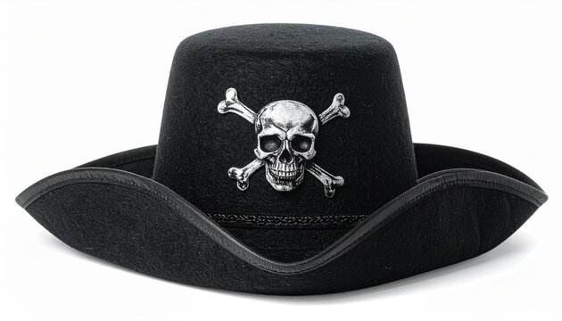 A black felt pirate hat featuring a silver skull and crossbones emblem isolated on a white background for costume and party themes.