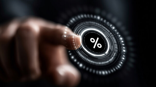Finger presses a virtual percentage sign symbol floating in a complex digital circular HUD to signify financial growth and analytical data processing in a business dashboard.