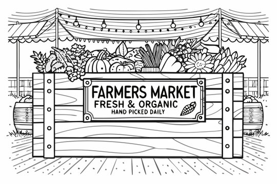 farmers market line art illustration with fresh produce vegetables fruits organic food black