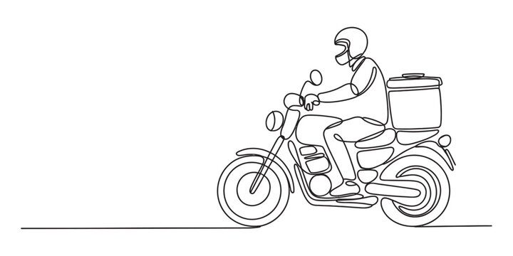 Continuous single line drawing of a delivery driver riding a motorcycle
