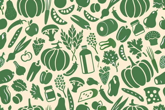 green silhouette food pattern on beige background vegetables fruits greens produce dietary healthy