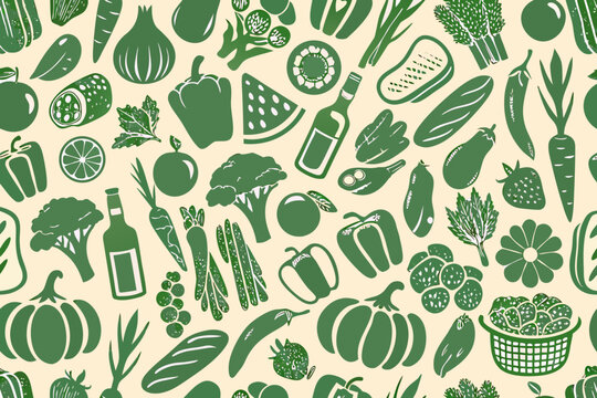 green silhouette food pattern on beige background vegetables fruits illustration design graphic art