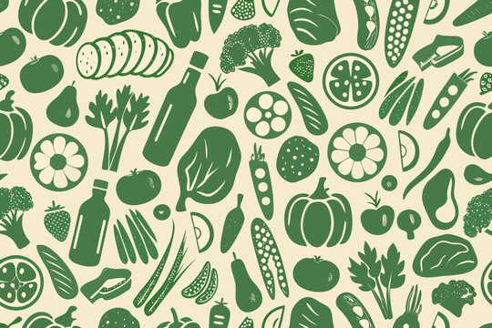 green silhouette food pattern on beige background vegetables fruits illustration design graphic art