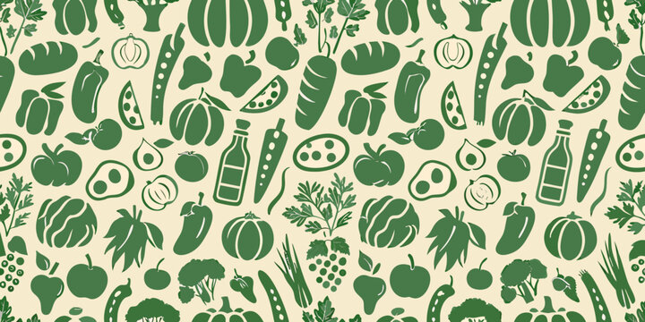 green silhouette vegetables and fruits pattern on beige background carrot apple broccoli pepper