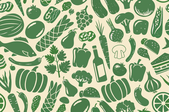 green silhouette food pattern on beige background vegetables fruits illustration design graphic art