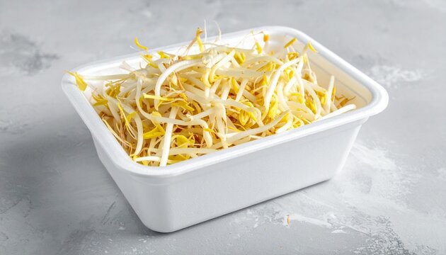 Fresh bean sprouts presented in a white plastic container on a grey concrete background for a healthy lifestyle and wellness concept.