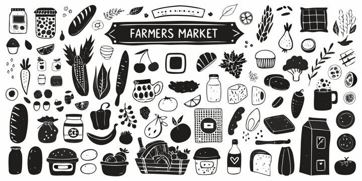 farmers market doodle collection black and white grocery shopping food vegetables fruits bread